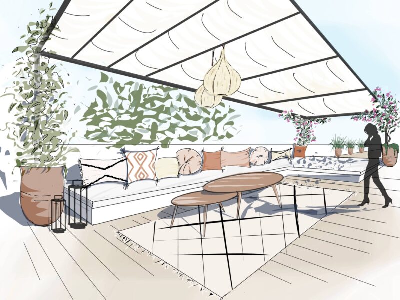 croquis d'ambiance pour terrasse autour de piscine